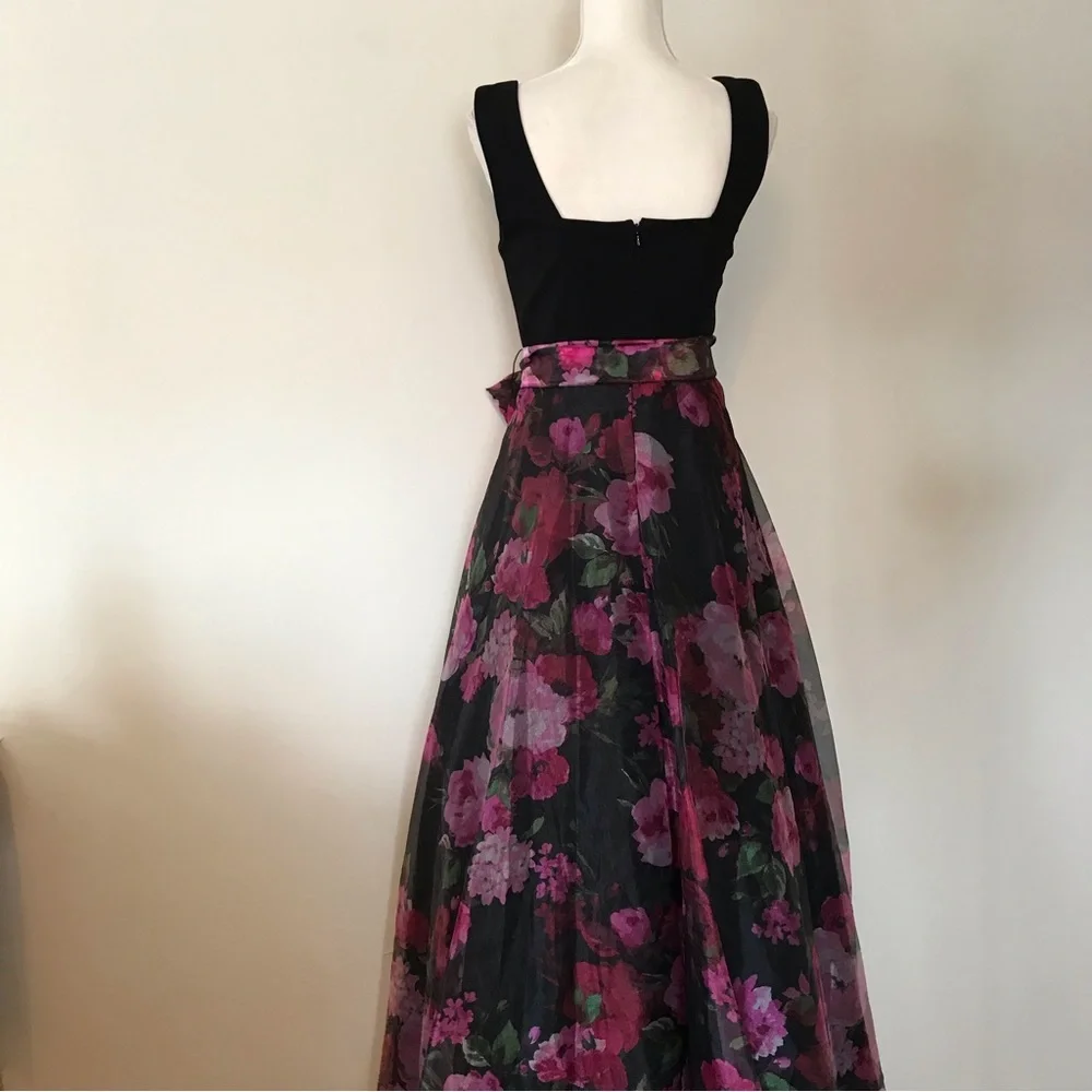 Eliza J Floral Black Pink Sleeveless Square Neck Tulle Maxi Dress 8 - Picture 7 of 16